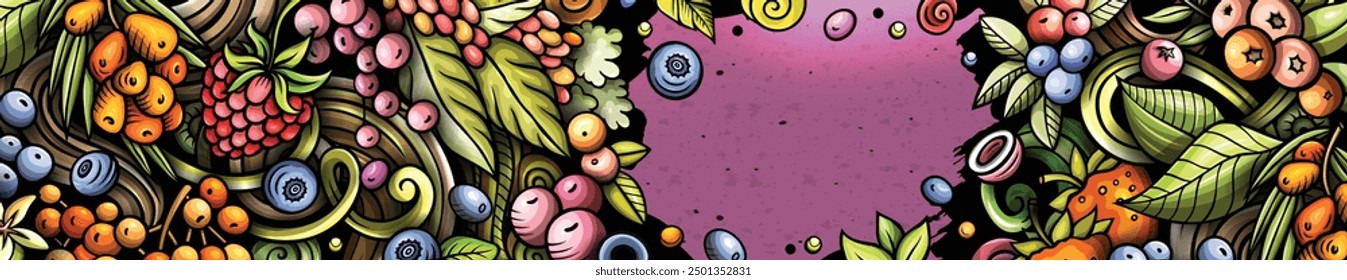 Cartoon vector doodle Berries banner background. Funny Natural food colorful design