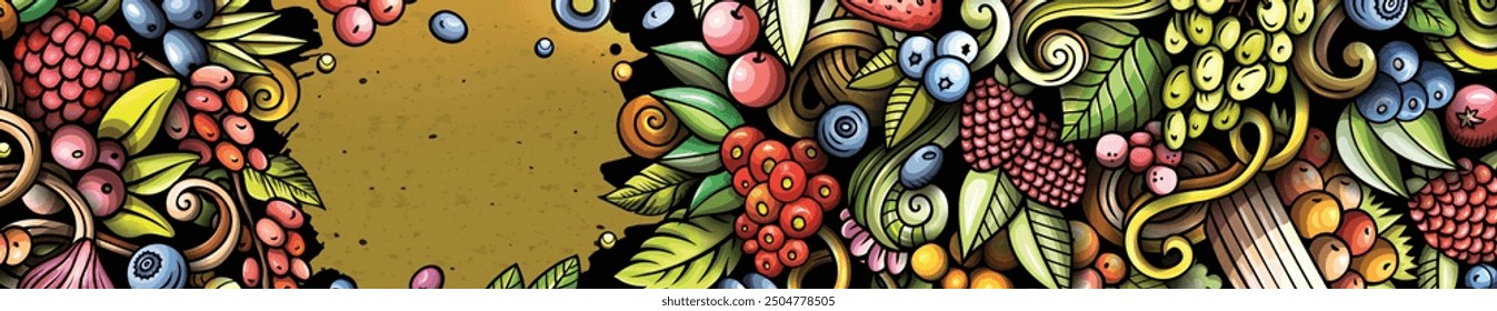 Cartoon vector doodle Berries banner background. Funny Natural food colorful design