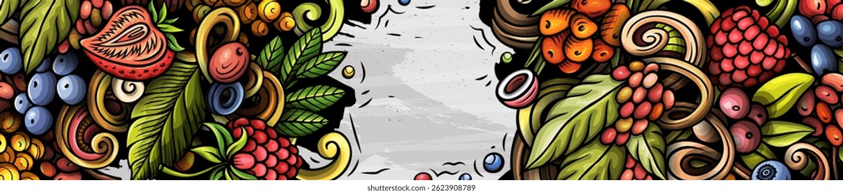 Cartoon vector doodle Berries banner background. Funny Natural food colorful design