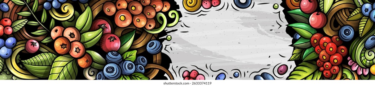 Cartoon vector doodle Berries banner background. Funny Natural food colorful design