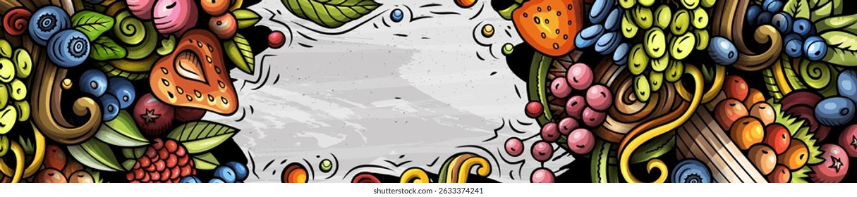 Cartoon vector doodle Berries banner background. Funny Natural food colorful design