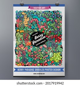 Cartoon vector doodle Berries poster template. Funny colorful corporate identity.