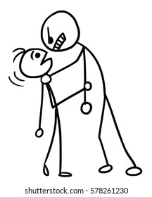 Cartoon vector doodle big stickman is holding neck of smaller one