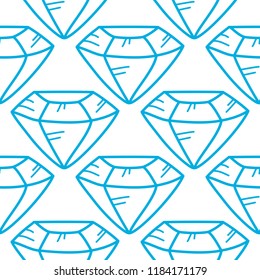 Cartoon vector doodle blue gemstone, diamond shape, seamless pattern