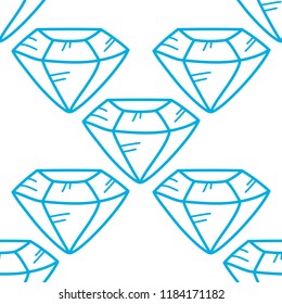 Cartoon vector doodle blue gemstone, diamond shape, seamless pattern