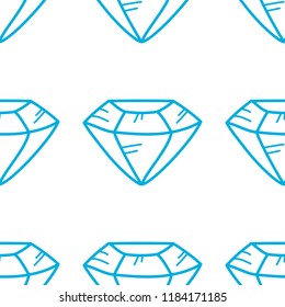 Cartoon vector doodle blue gemstone, diamond shape, seamless pattern