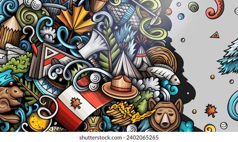 Cartoon vector doodle Canada banner design templates. Funny Canadian colorful background