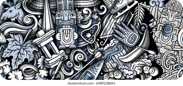 Cartoon vector doodle Canada banner design templates. Funny Canadian monochrome and line art background