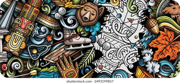 Cartoon vector doodle Canada banner design templates. Funny Canadian colorful and line art background