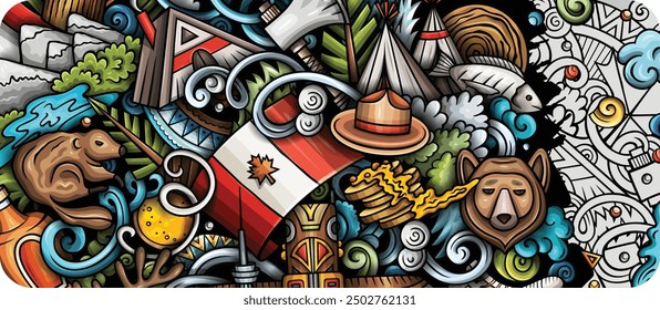 Cartoon vector doodle Canada banner design templates. Funny Canadian colorful and line art background