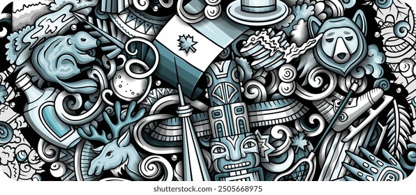 Cartoon vector doodle Canada banner design templates. Funny Canadian monochrome and line art background