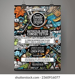 Cartoon vector doodle Canada poster template. Corporate identity for the use on invitations, placards, cards, presentations. Funny Canadian colorful and line art design