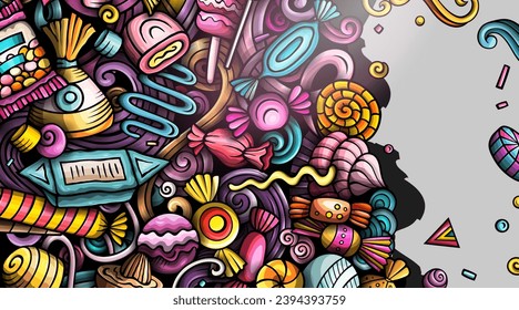 Cartoon vector doodle Candies banner template. Funny Sweet food colorful background design