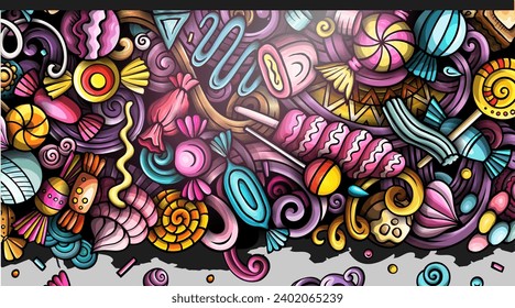 Cartoon Vektordoodle Candies Banner Vorlage. Funny Sweet food, bunter Hintergrund-Design