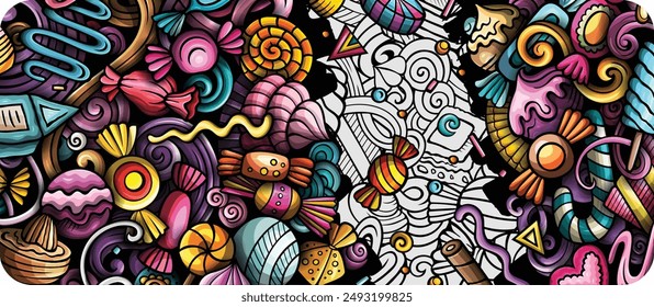 Cartoon vector doodle Candies banner template. Funny Sweet food colorful and line art background design