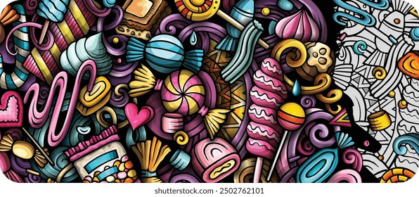 Cartoon vector doodle Candies banner template. Funny Sweet food colorful and line art background design