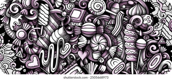 Cartoon vector doodle Candies banner template. Funny Sweet food monochrome and line art background design