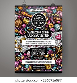 Plantilla de afiche de caricaturas vectorial doodle Candies. Identidad corporativa para el uso en invitaciones, carteles, tarjetas, presentaciones. Graciosos dulces coloridos y diseño de líneas de arte