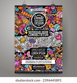 Cartoon vector doodle Candies poster template. Corporate identity for the use on invitations, placards, cards, presentations. Funny sweets colorful and line art design