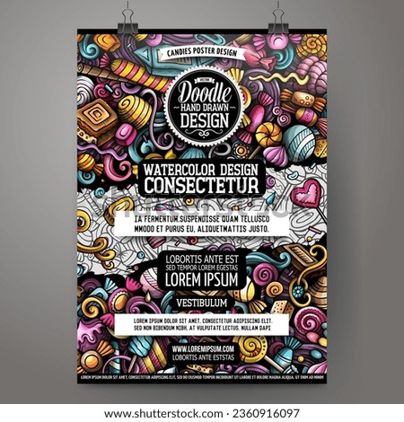Cartoon vector doodle Candies poster template. Corporate identity for the use on invitations, placards, cards, presentations. Funny sweets colorful and line art design