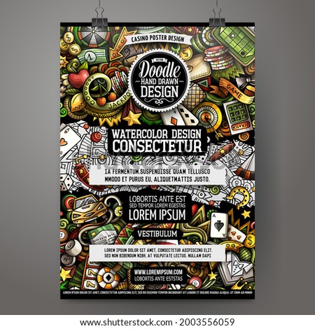 Cartoon vector doodle Casino poster template. Corporate identity for the use on invitations, placards, cards, presentations. Funny colorful and line art design