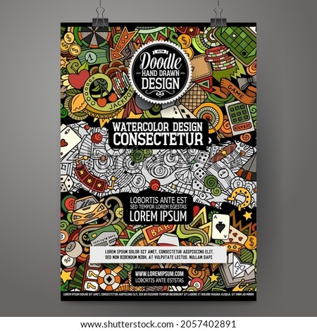 Cartoon vector doodle Casino poster template. Corporate identity for the use on invitations, placards, cards, presentations. Funny colorful and line art design