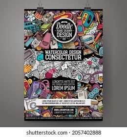 Cartoon vector doodle Cleaning poster template. Corporate identity for the use on invitations, placards, cards, presentations. Funny colorful and line art design