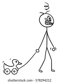 Cartoon vector doodle crazy mad stickman pulling plastic duck
