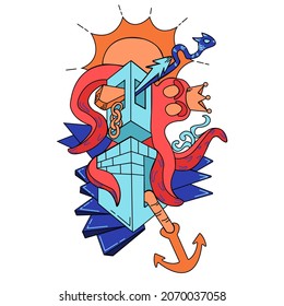 Cartoon Vector doodle design detailed composition with Octopus,building,anchor,sun,and dragon. For mural or T Shirt