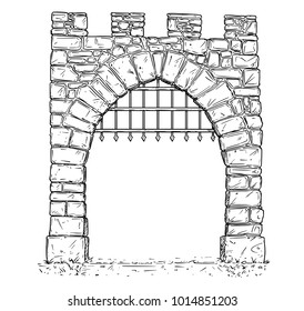 Cartoon Vector Doodle Drawing Illustration Of Open Medieval Stone Decision Gate With Iron Bars .