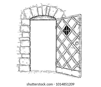 Cartoon Vector Doodle Drawing Illustration Of Open Medieval Wooden Decision Door.