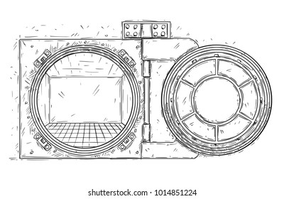 Cartoon vector doodle drawing illustration of open empty vault door. Business concept of crisis or bankrupt.