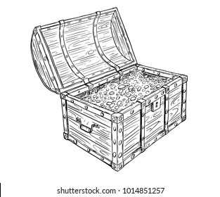 Cartoon vector doodle drawing illustration of old wooden pirate treasure chest full of gold or silver coins inside. Business concept of success and wealth.