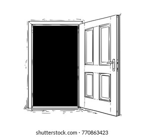 Cartoon vector doodle drawing illustration of open wooden decision door.
