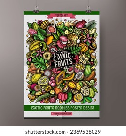 Cartoon vector doodle Exotic Fruits poster template. Corporate identity for the use on invitations, placards, cards, presentations. Funny Natural food colorful and line art design
