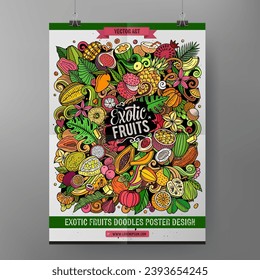 Cartoon vector doodle Exotic Fruits poster template. Corporate identity for the use on invitations, placards, cards, presentations. Funny Natural food colorful and line art design