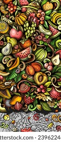 Cartoon vector doodle Fresh Fruits banner background. Funny natural food colorful illustration.