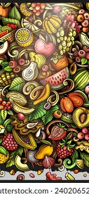 Cartoon vector doodle Fresh Fruits banner background. Funny natural food colorful illustration.
