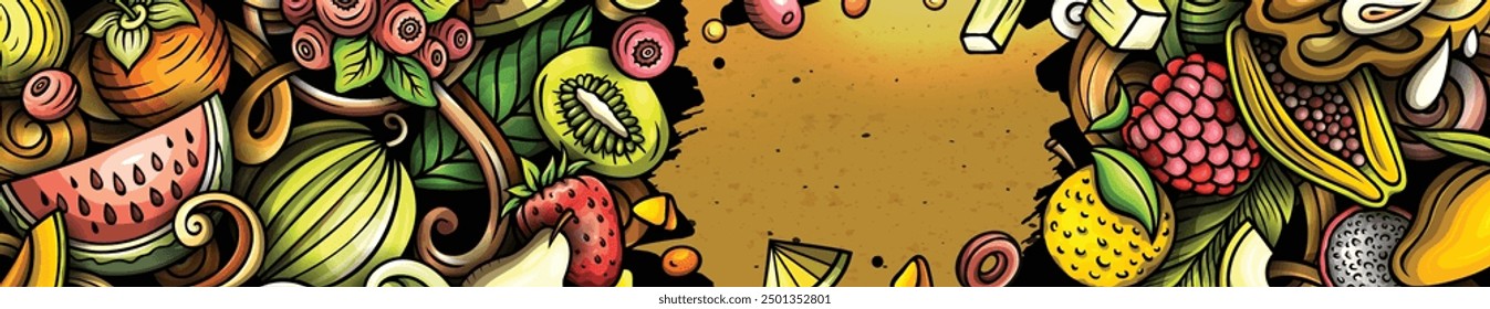 Cartoon vector doodle Fresh Fruits banner background. Funny natural food colorful illustration.