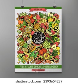 Cartoon vector doodle Fruits poster template. Corporate identity for the use on invitations, placards, cards, presentations. Funny Natural food colorful and line art design