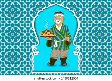 Cartoon vector doodle hand draw an Uzbek man prepares and invites pilaf  the national dish of Uzbekistan, Asia. Illustration, template for the cook poster, mockup teahouse sign, billboard, banner.