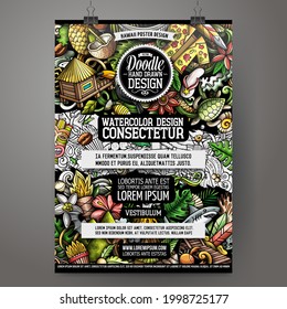 Cartoon vector doodle Hawaii poster template. Corporate identity for the use on invitations, placards, cards, presentations. Funny colorful and line art design