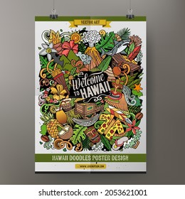 Cartoon vector doodle Hawaii poster template. Corporate identity for the use on invitations, placards, cards, presentations. Funny colorful design