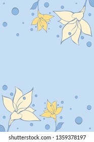 Cartoon vector doodle illustration beige, yellow round flower pattern frame. Great design for wedding invitation, card, save the date. Drawing isolated on blue background. Botany simple illustration
