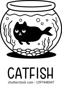 A Cartoon Vector Doodle Illustration Of A Black Mermaid Cat Swimming In A Fishbowl