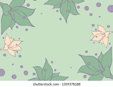 Cartoon vector doodle illustration of green, beige round flower pattern frame. Great design for wedding invitation, card, save the date. Drawing isolated on background. Botany simple illustration
