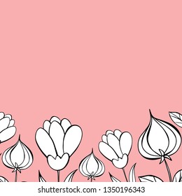 Cartoon vector doodle illustration of white flower pattern frame. Great design for wedding invitation, card, save the date, poster. Drawing isolated on pink background. Botany simple illustration