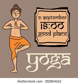 Cartoon vector doodle invitation for yoga-class. For print banners, templates, flyers.