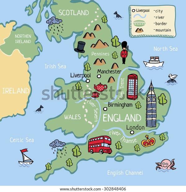 Cartoon Vector Doodle Map England Kids Stock Vector Royalty Free