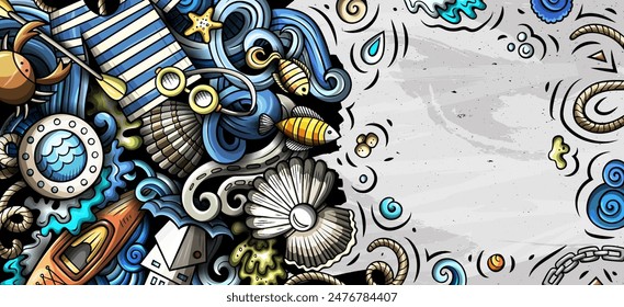 Cartoon vector doodle Marine banner design for the use on invitations, cards, apps, branding, flyers, greeting cards, postcards, web design. Funny colorful and line art background